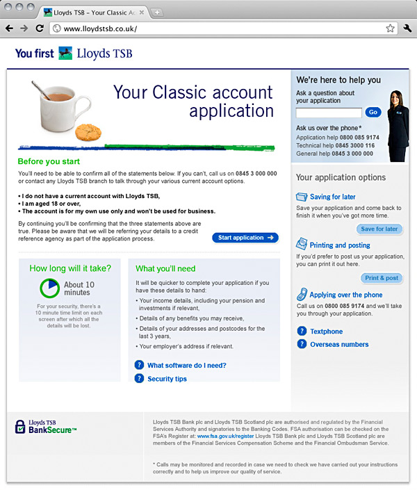 Screenshot of the Lloyds TSB account application start-page.