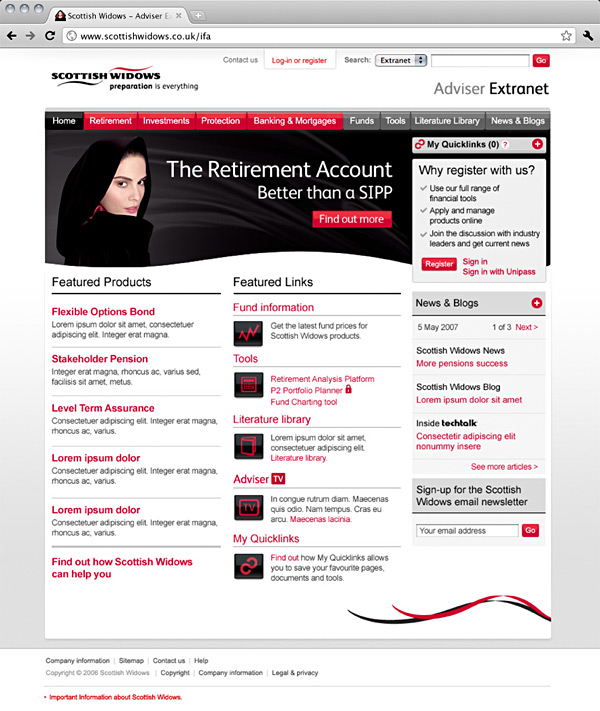 Screenshot of the Scottish Widows Adviser Extranet homepage.