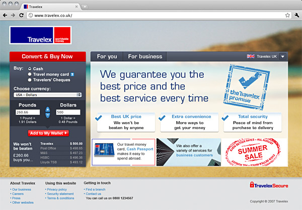 Screenshot of the Travelex Homepage