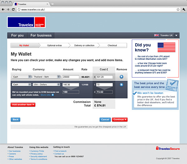 Screenshot of the Travelex 'Wallet'.
